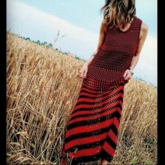 Zara  Studio Red Black Linen Maxi Long Knit Crochet Dress Sz M - Picture 3 of 16